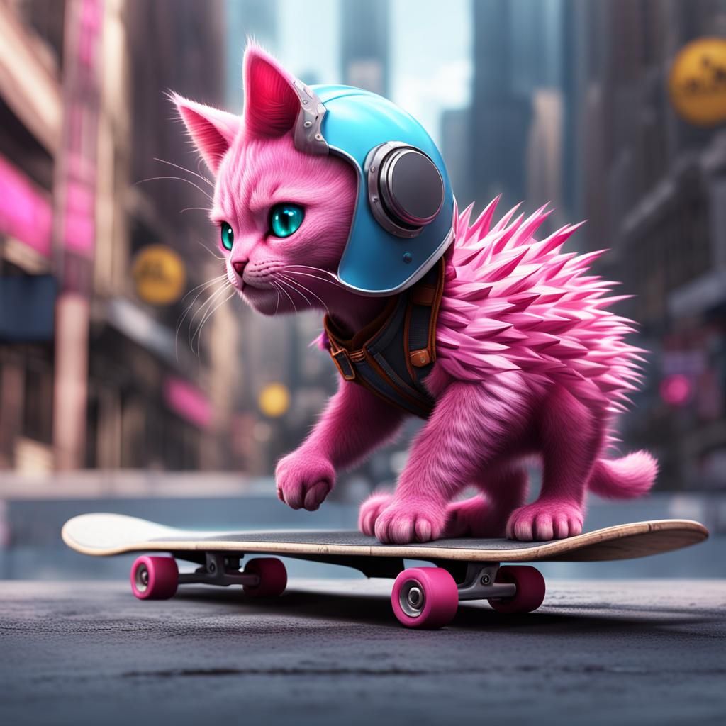 Pink Kitten on Skateboard: Detailed Matte Painting