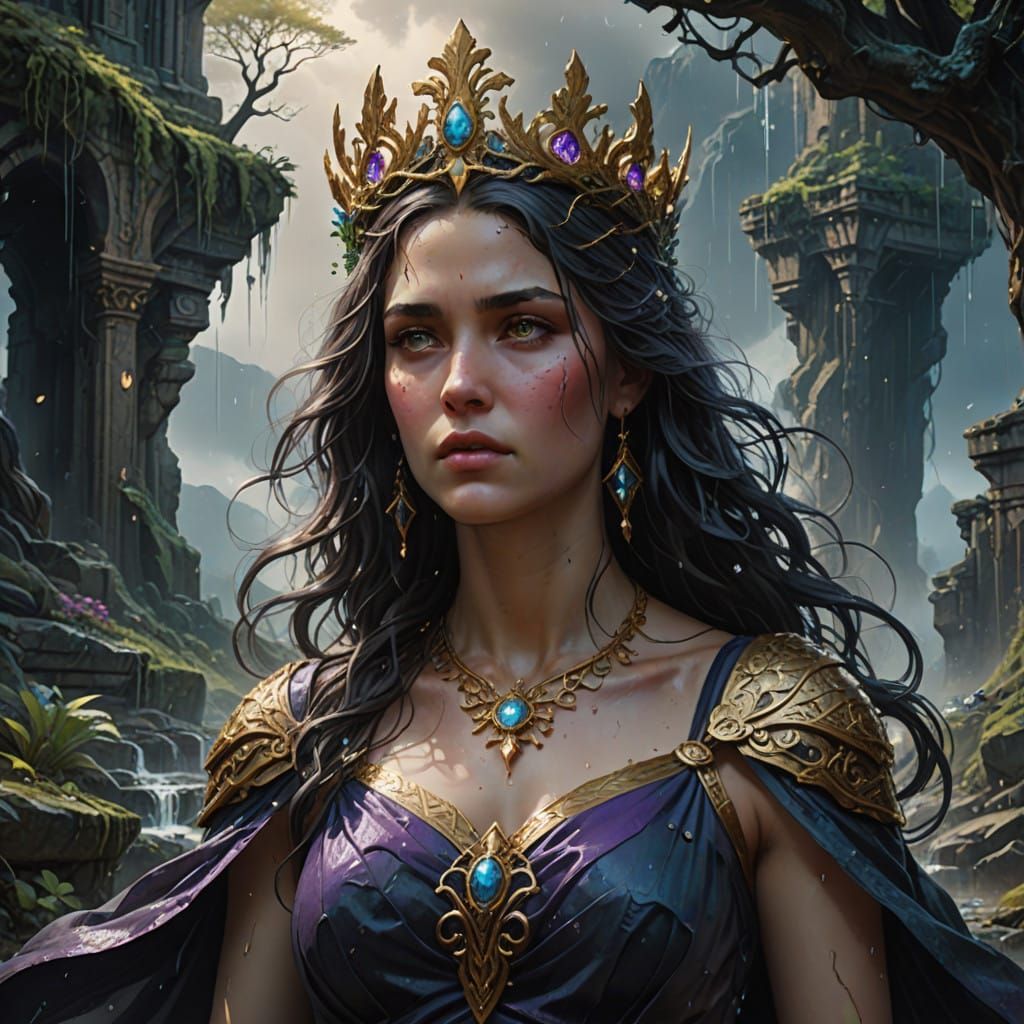 Ethereal Goddess in Dystopian Ruins, Watercolor Painting