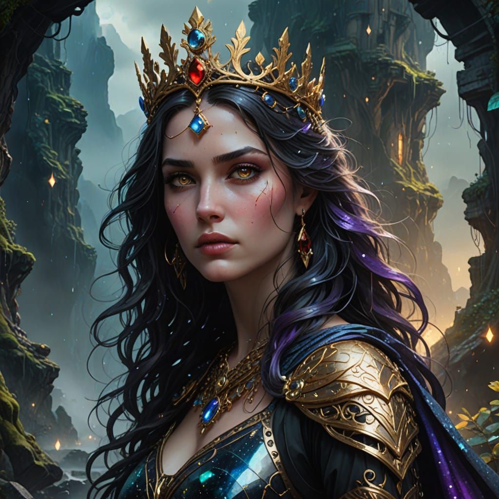 Aphrodite in Dystopian Ruins, with Golden Crown and Raven Ha...