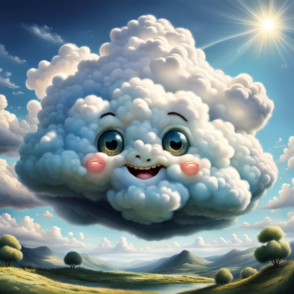 a real fluffy, cute cloud with a cute face, a cloud with a face like a happy child, a beautiful lush and romantic landsc...