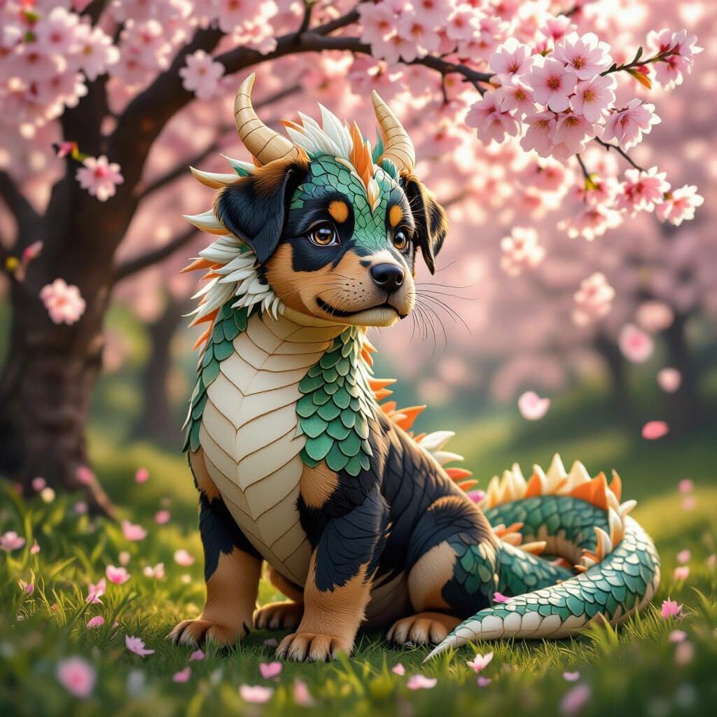 Dragon-Rottweiler Chimera in Cherry Blossom Grove