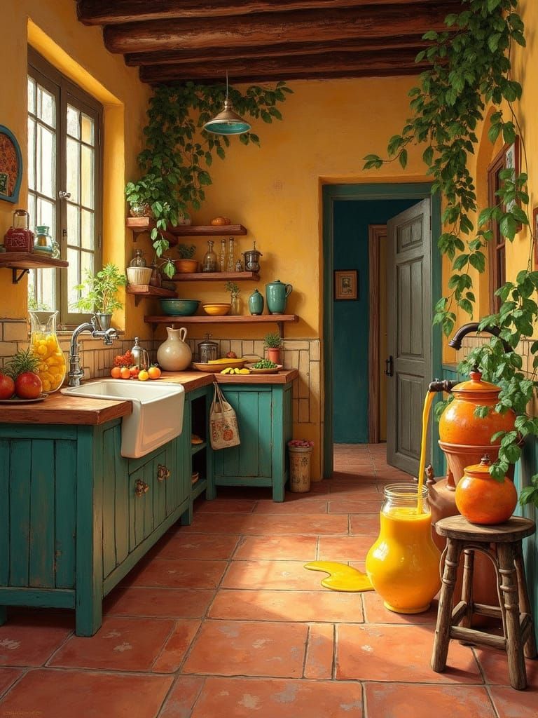 Vibrant Village Kitchen Scene with Mango Shake
