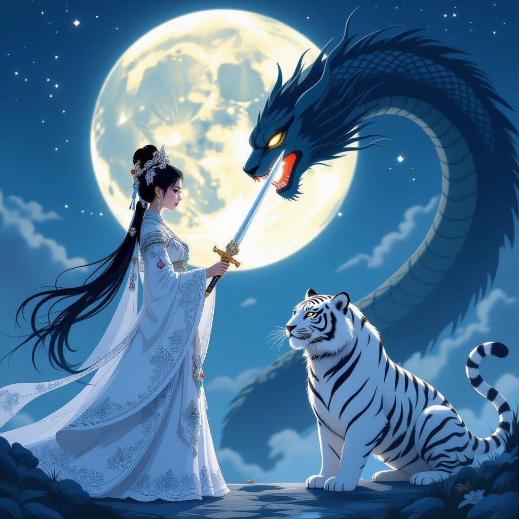 Moonlit Princess Confronts Serpent in Hanfu Style