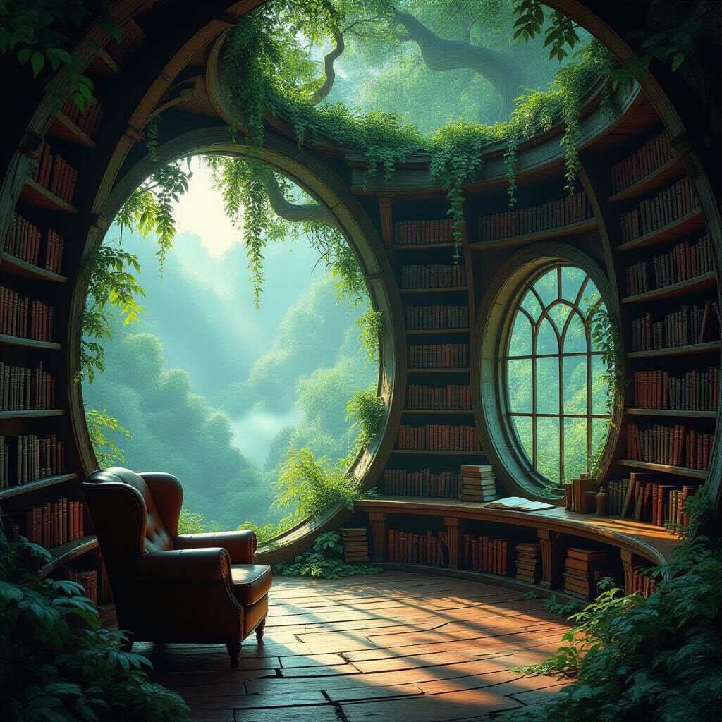 Ancient Treehouse Library in Bioluminescent Forest