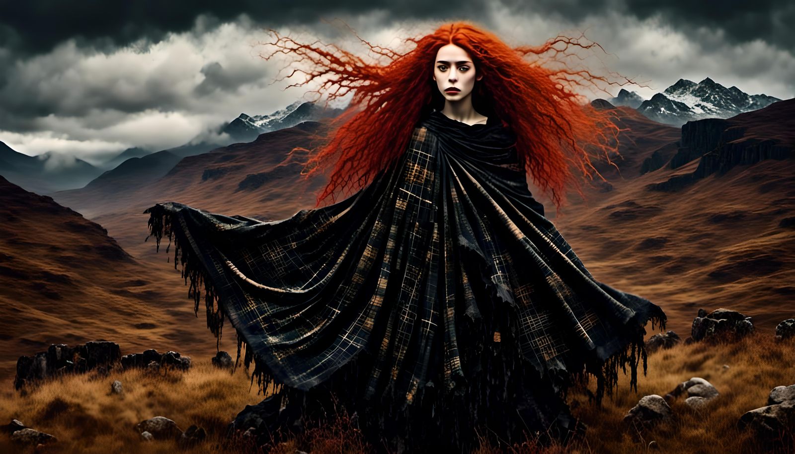 Scottish Woman on Rocky Highland Outcrop in Ink