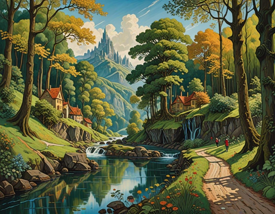 Whimsical Village Scene in Muted Oil Painting