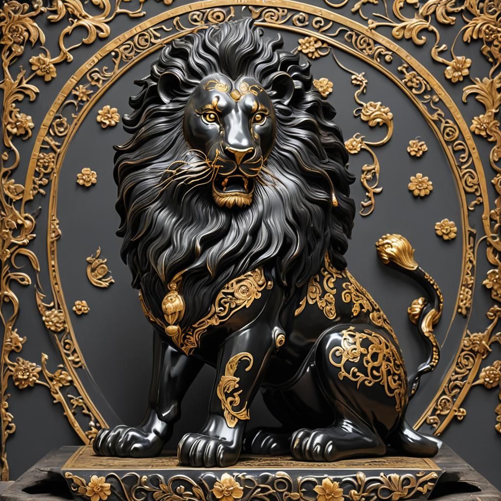 Ceramic Black Lion Sculpture with Gold Inlay