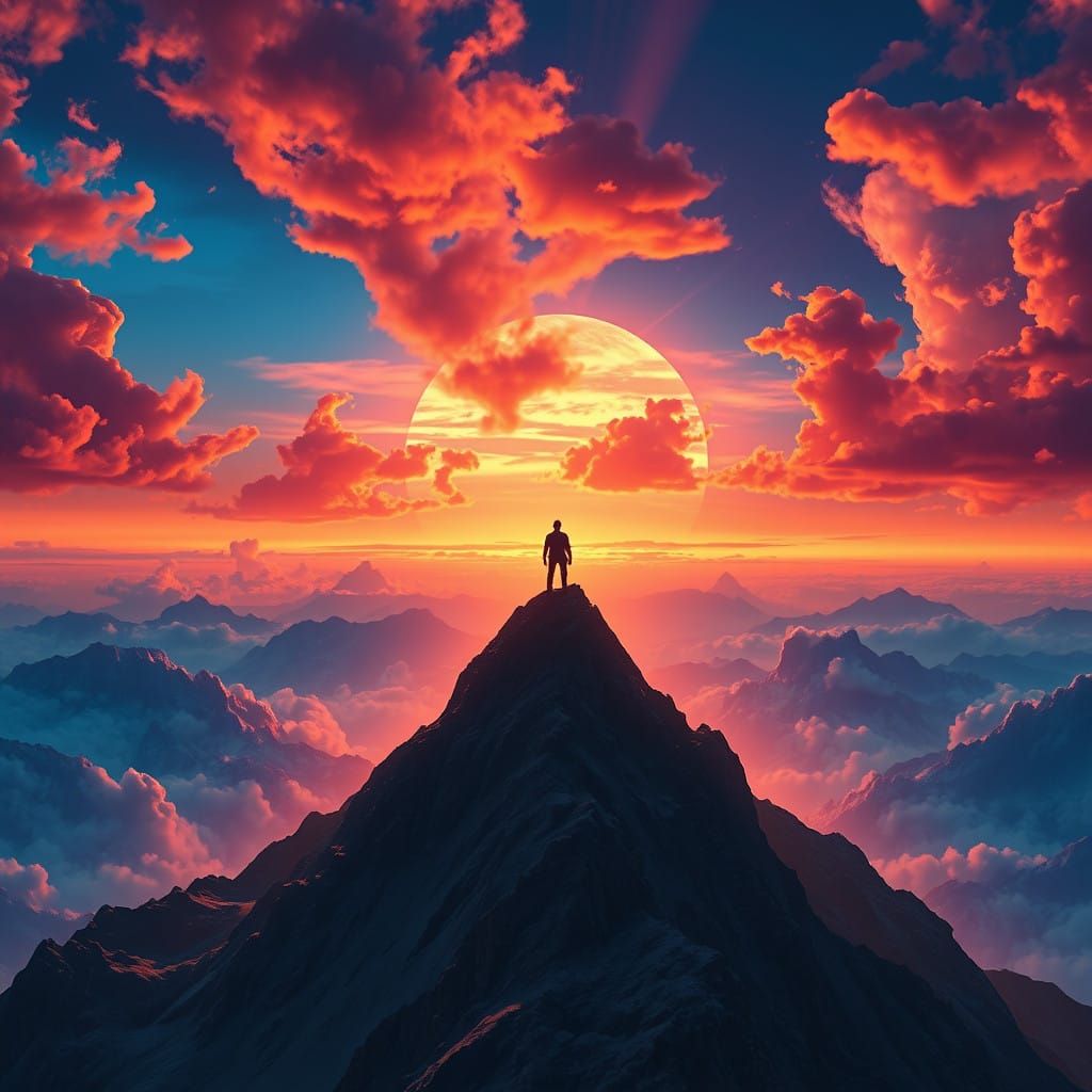 Epic Sunset Warrior Ascends Glowing Mountain