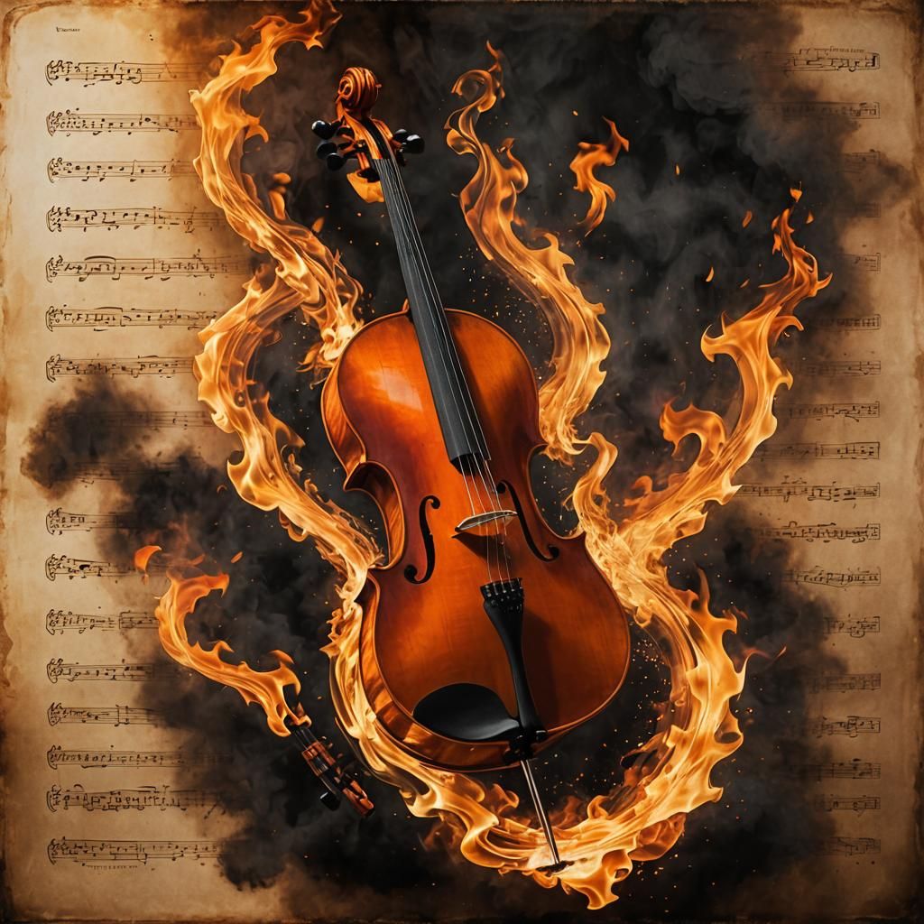 Flaming Cello Double Exposure on Burnt Sheet Music