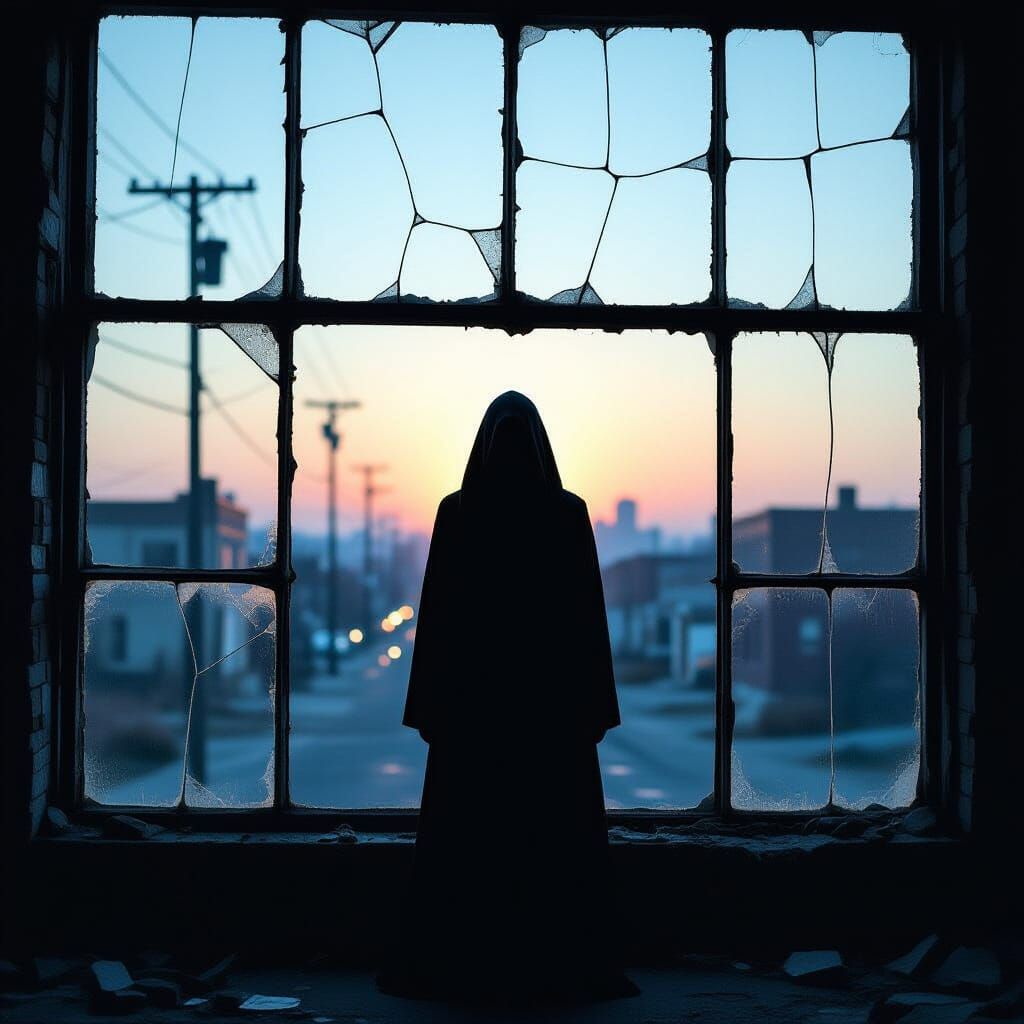 Shadowy Figure Silhouetted Against Cracked Window