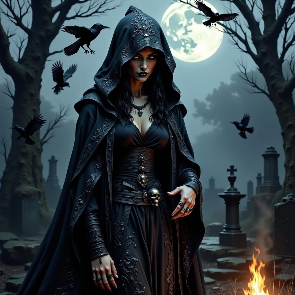 Mysterious Sorceress in Moonlit Forest