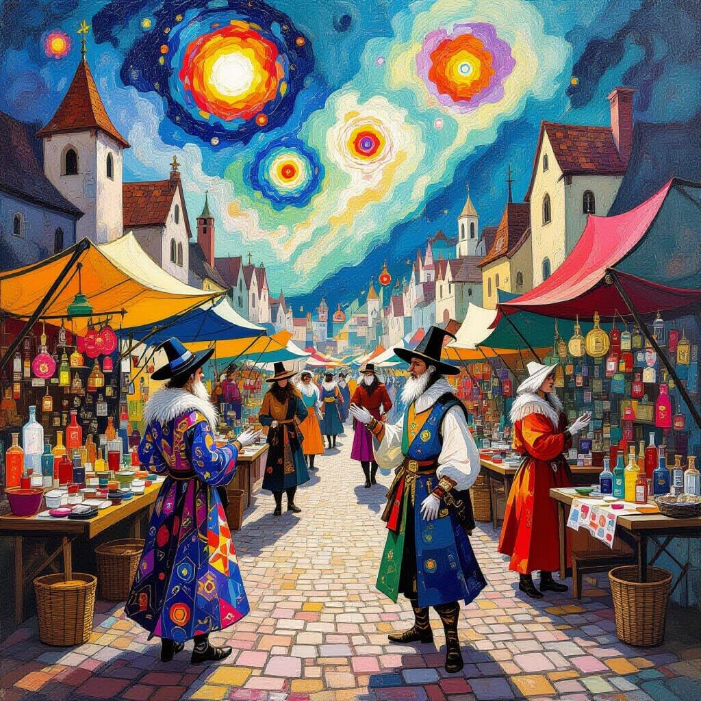 Bustling Medieval Market with Impossible Goods