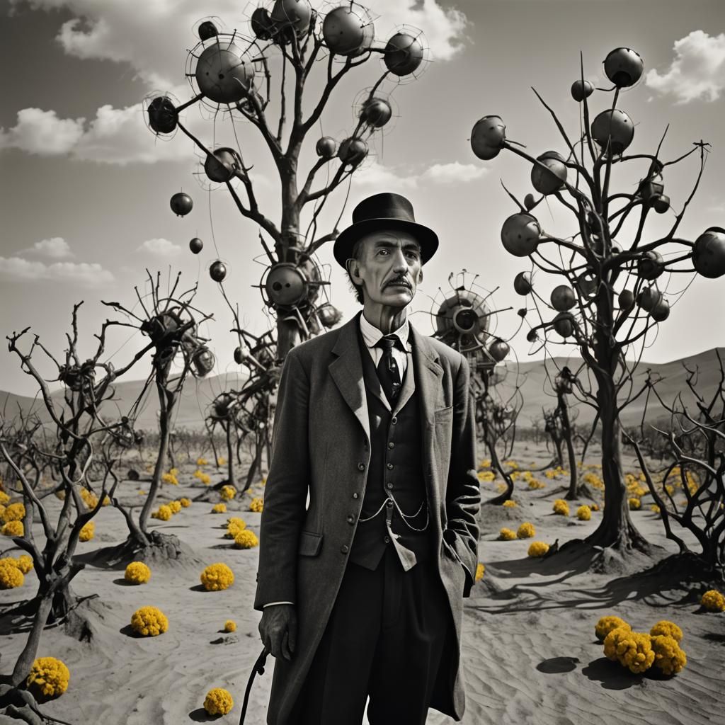 Surreal Lightbulb-Headed Man and Horse in Desert