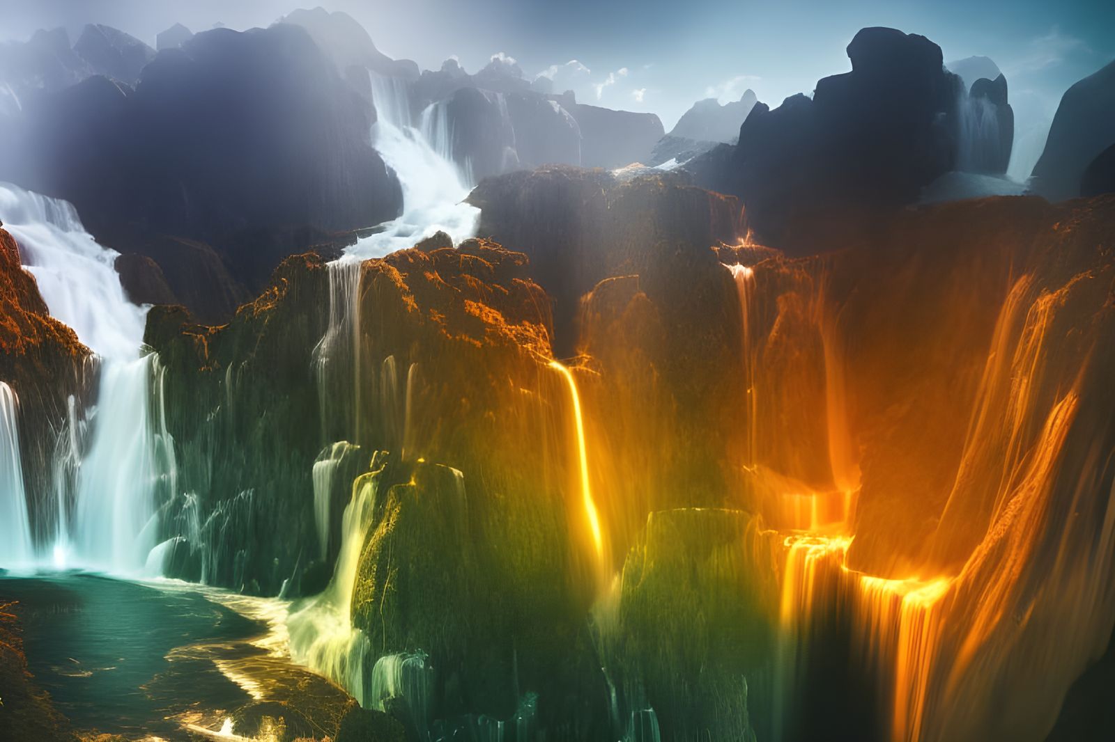 Infernal Waterfall: Hyperdetailed Renaissance-Style Landscap...