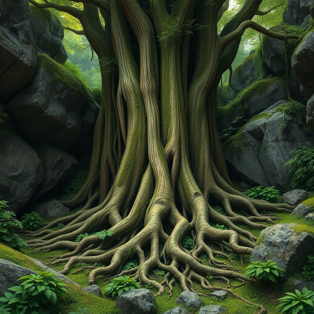 Ancient Tree Roots Break Through Rocks in Lush Landscape