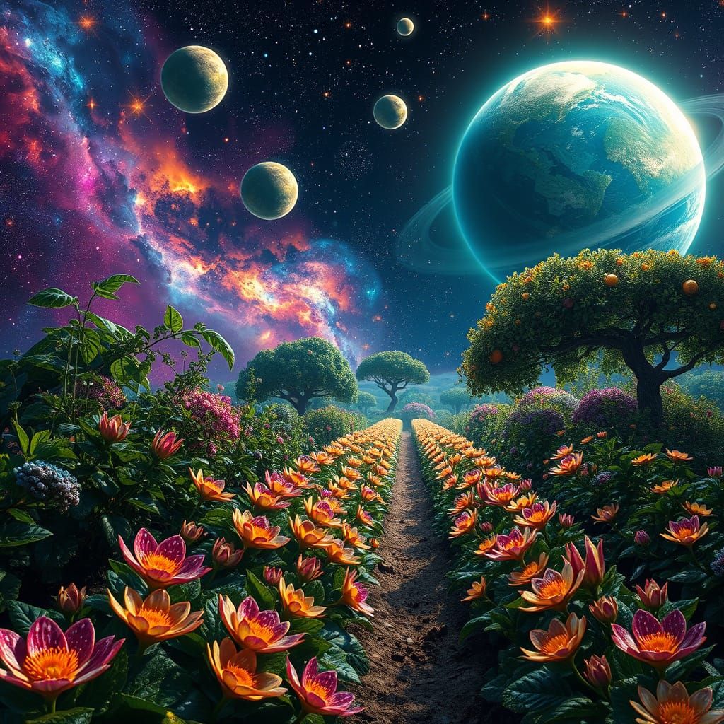Galactic Garden of Iridescent Stars and Cosmic Fruits