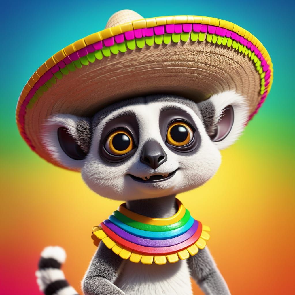 Cheerful Lemur in Sombrero: 3D Digital Art