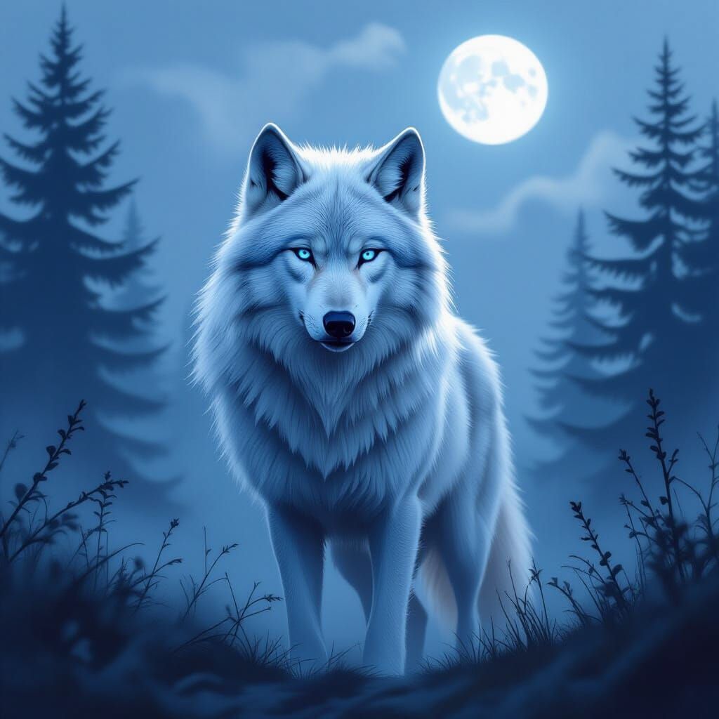 Mystical White Wolf in Foggy Forest