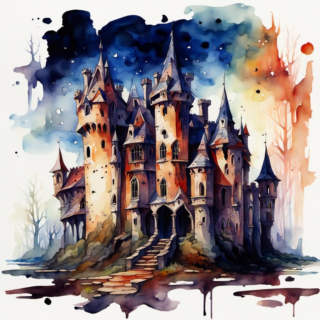Creepy Abandoned Castles: Gothic Watercolor Horror Art