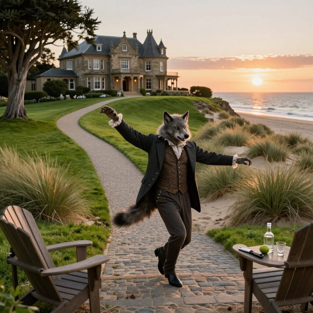 Medieval Werewolf in Suit Dances Down Mansion Stairs