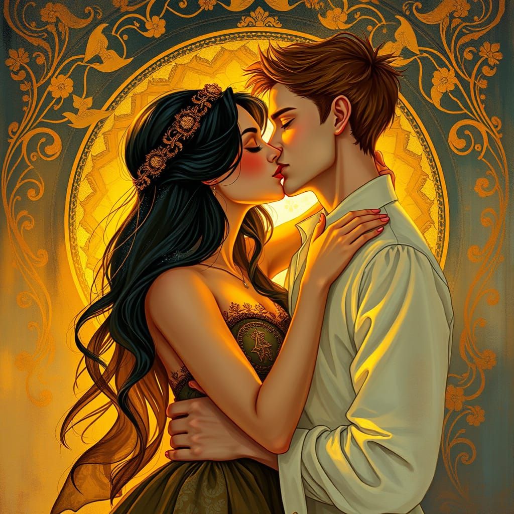 Romantic Couple Embracing in Art Nouveau Style