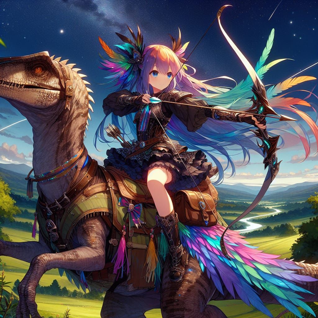 Girl Archer on Armored Raptor in Anime Style