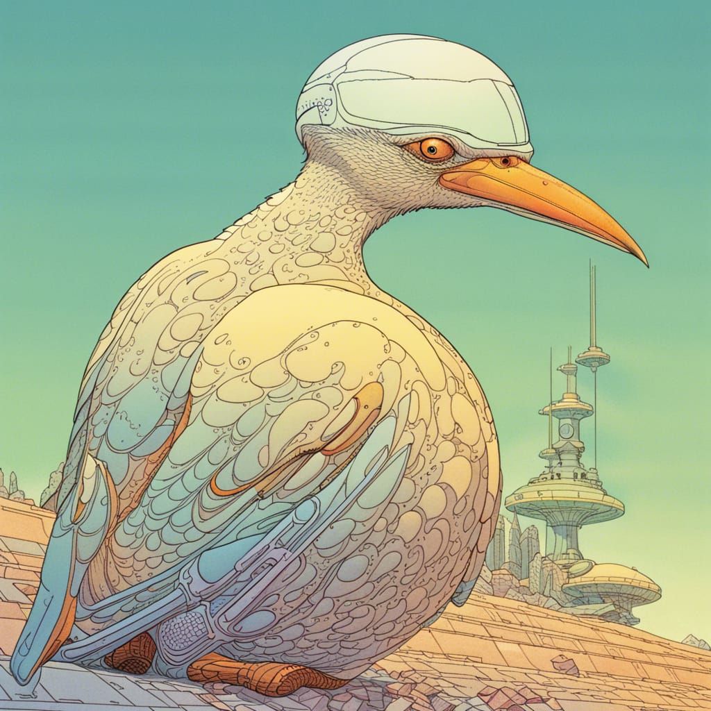 Moebius-Inspired Serene Bird Illustration