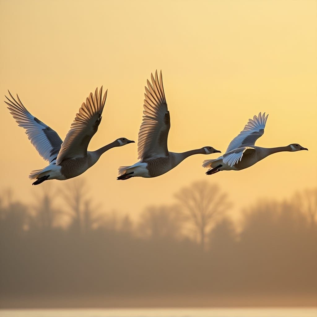 Majestic Geese in V-Formation Soar Towards Sunset
