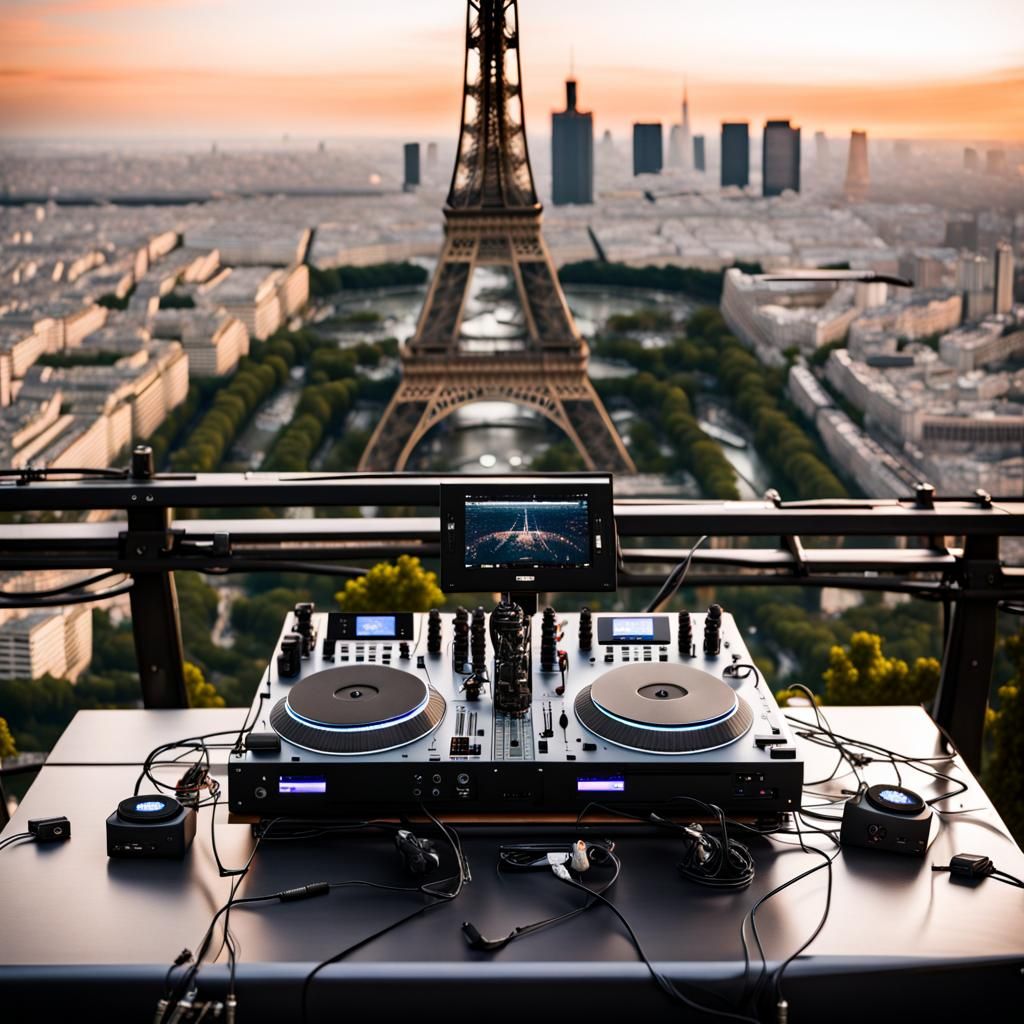 DJ Party Atop Eiffel Tower: Hyperrealistic Photo