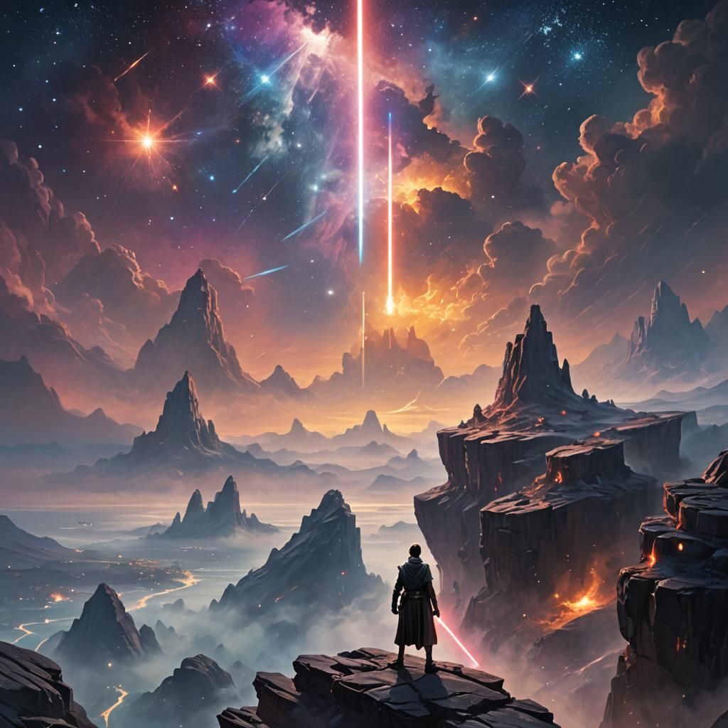 Jedi Warrior Overlooking Starry Galaxy: Science Fiction Art