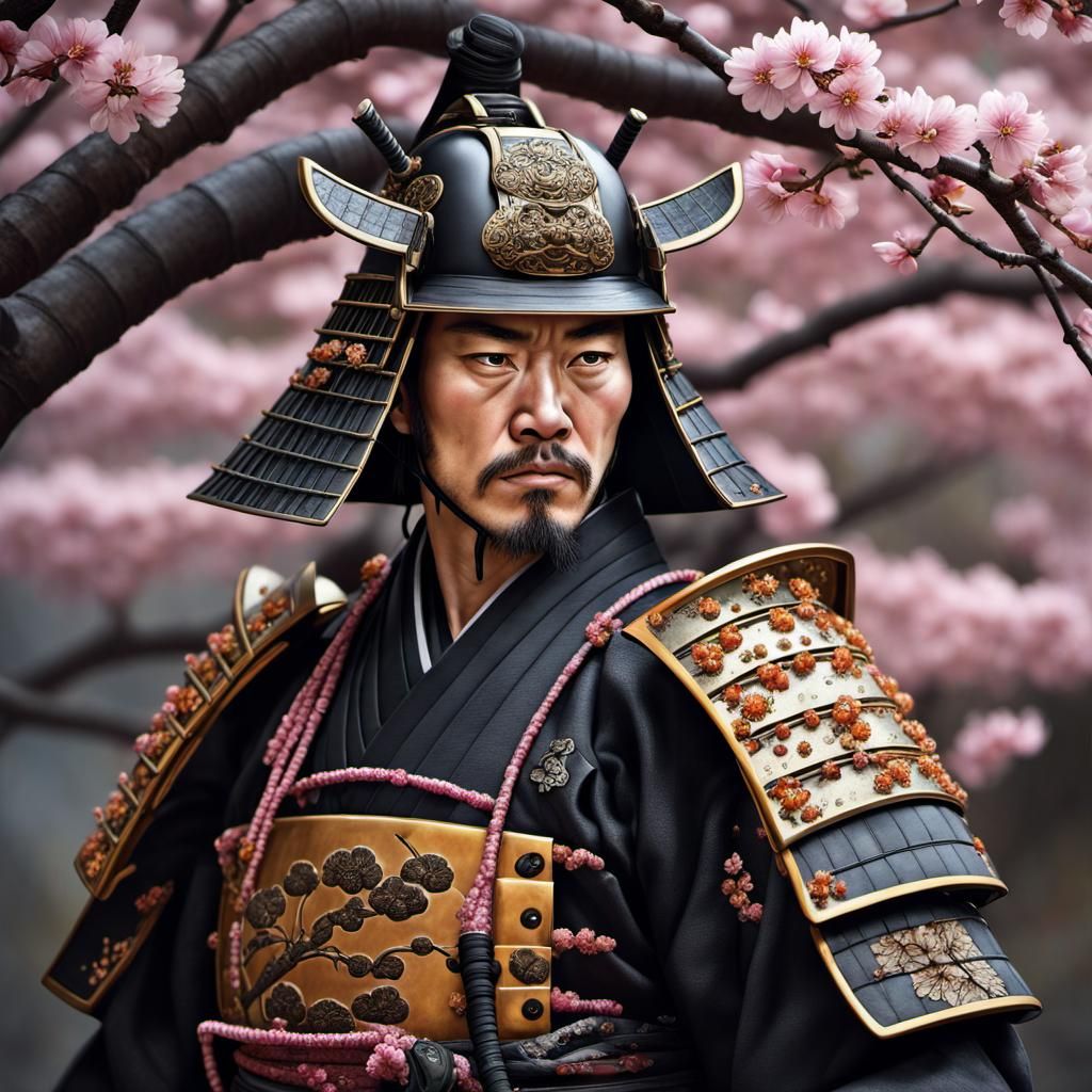 Samurai Among Amber Sakura in Magical Realism Style