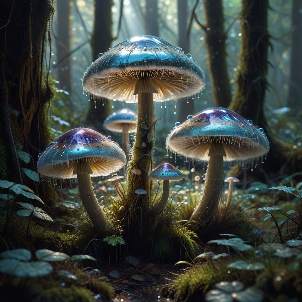 Giant Iridescent Mushrooms in Enchanted Forest