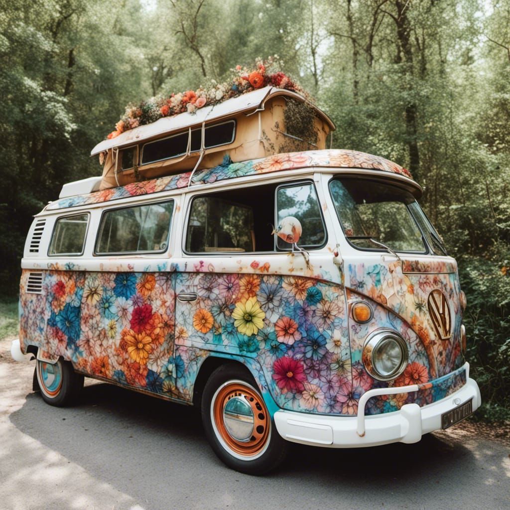 Hippie Volkswagen Van with Cosmic Whimsical Decor