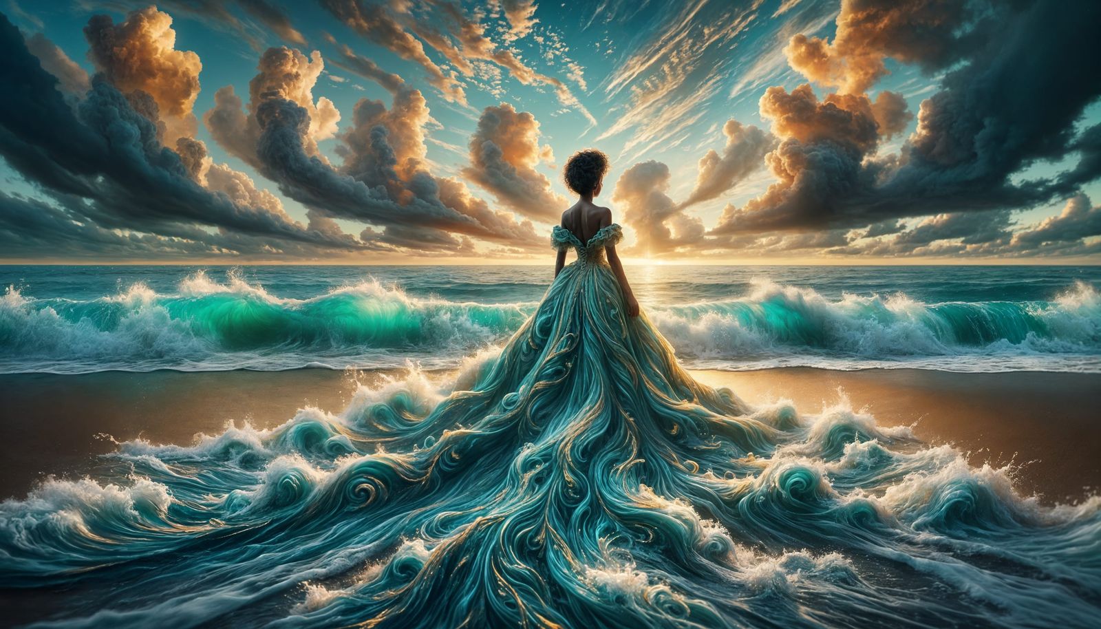 African Goddess Emerging from Turquoise Waves in Epic Fantas...