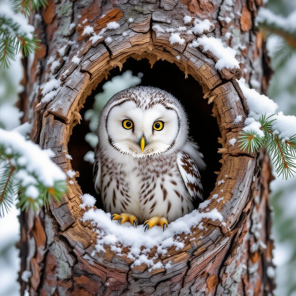 Snowy Owl Chick in Winter Forest