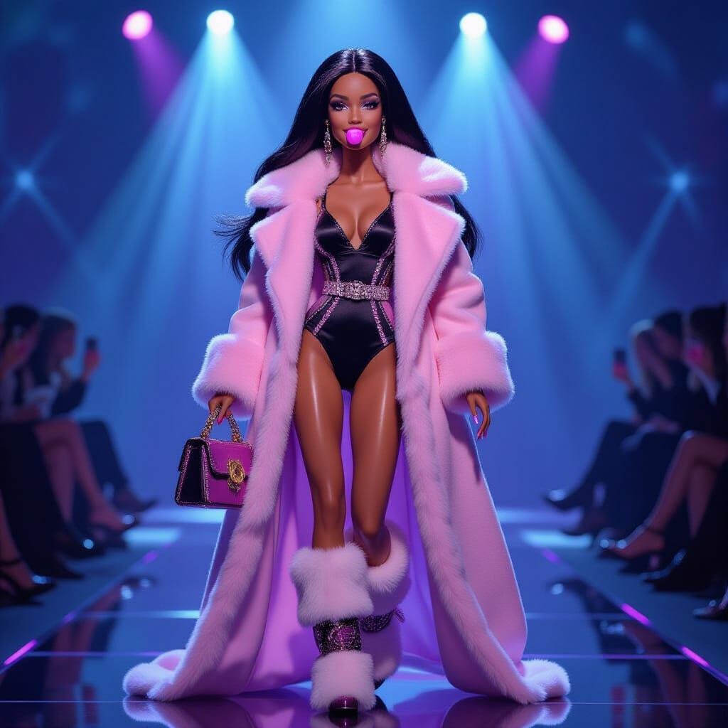 Glamorous Black Barbie on Runway in Victoria's Secret Style