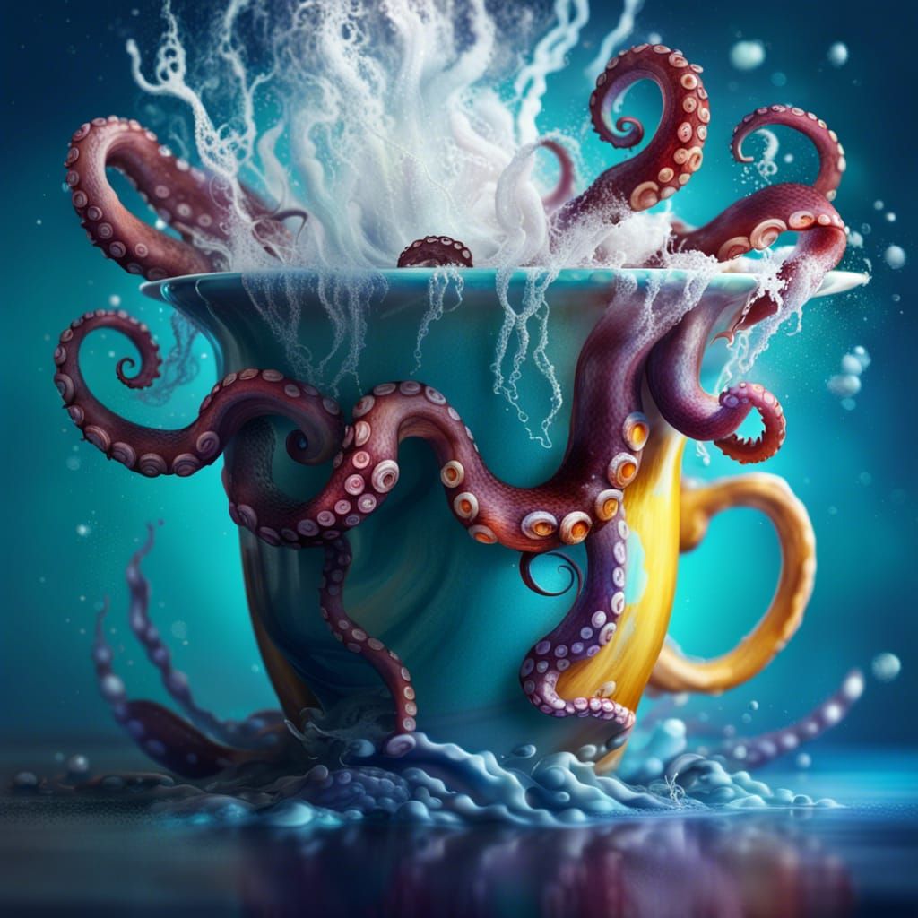 Hyperrealistic Octopus Tentacles Emerge from Stormy Cup