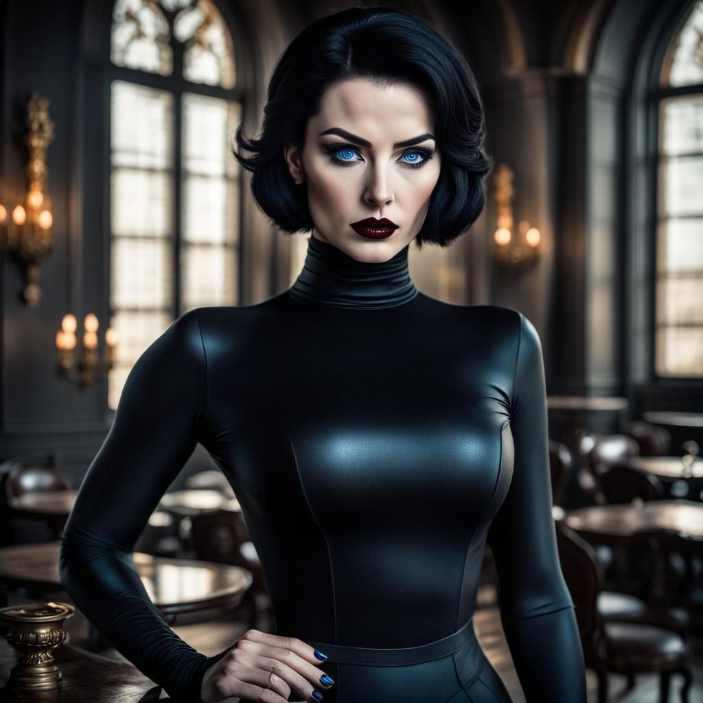 Beautiful Villainess in Black Bodysuit, Hyperrealistic HDR