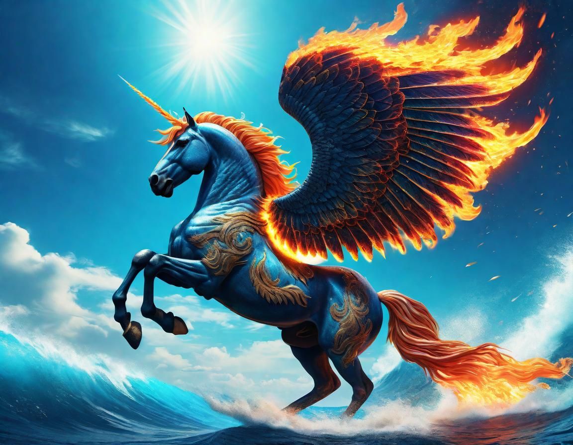 Winged Unicorn in Colorful Oceanic Sky