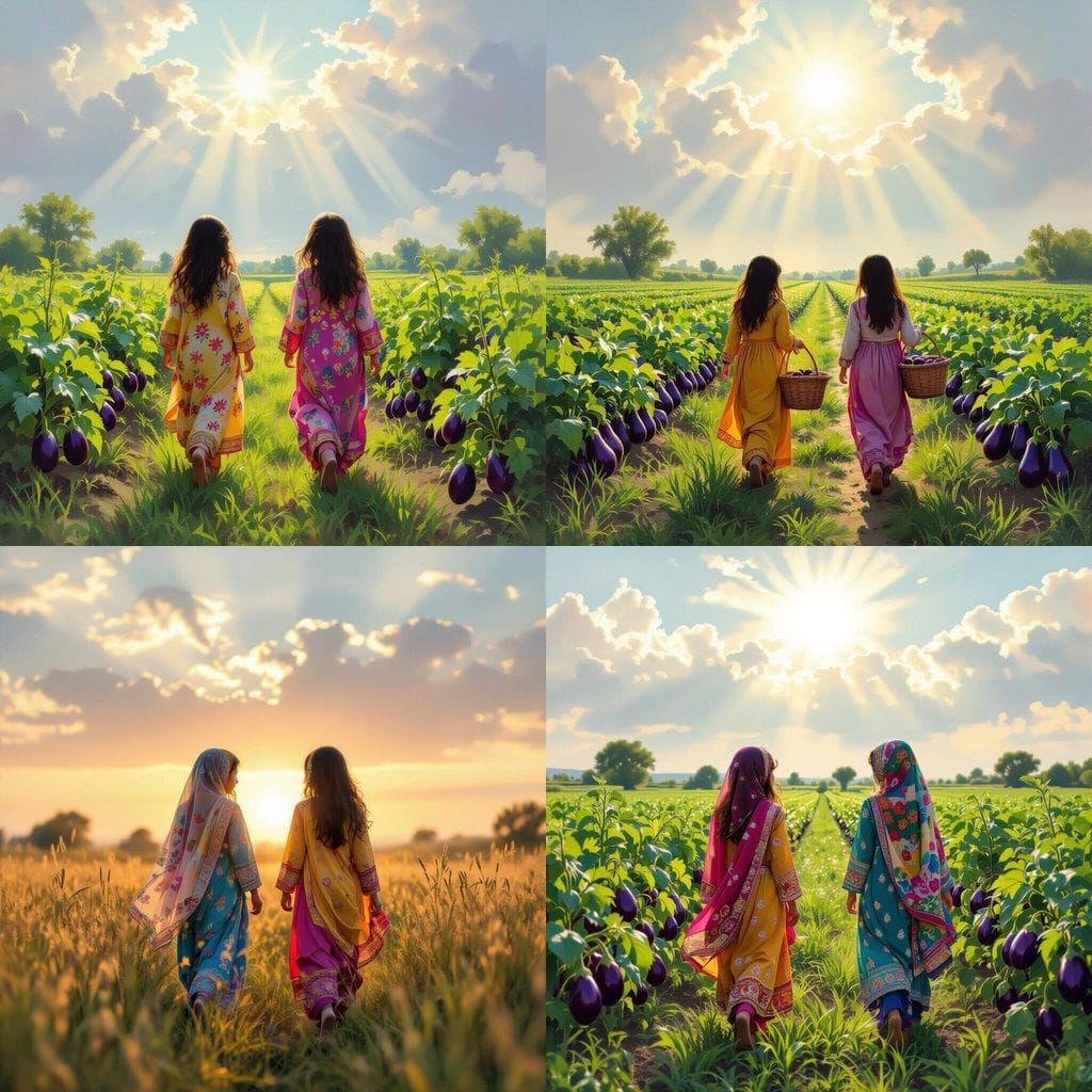 Pakistani Girls Gather Eggplants Under Divine Sunshine