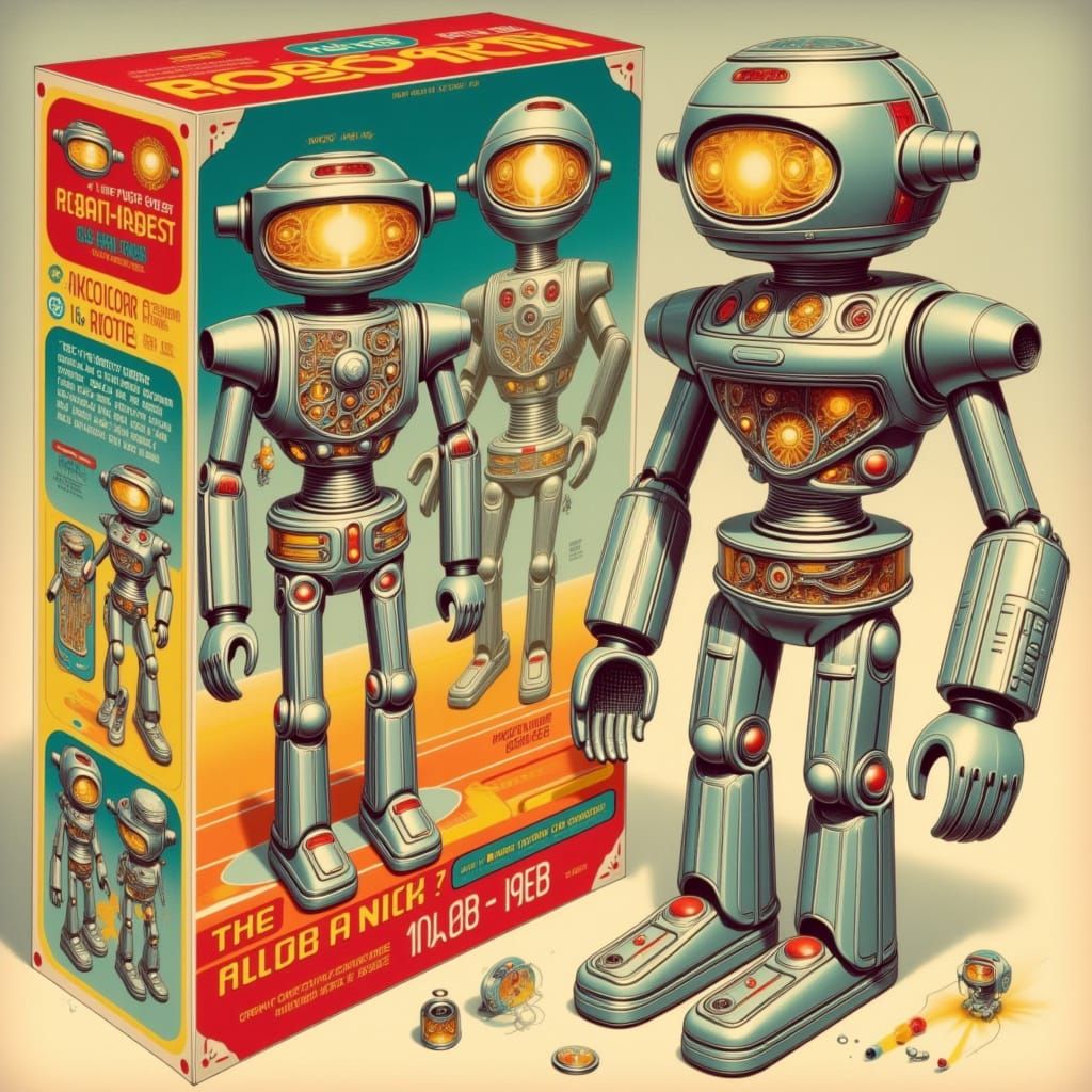 Retro-Futuristic Robot Action Figure Box Art
