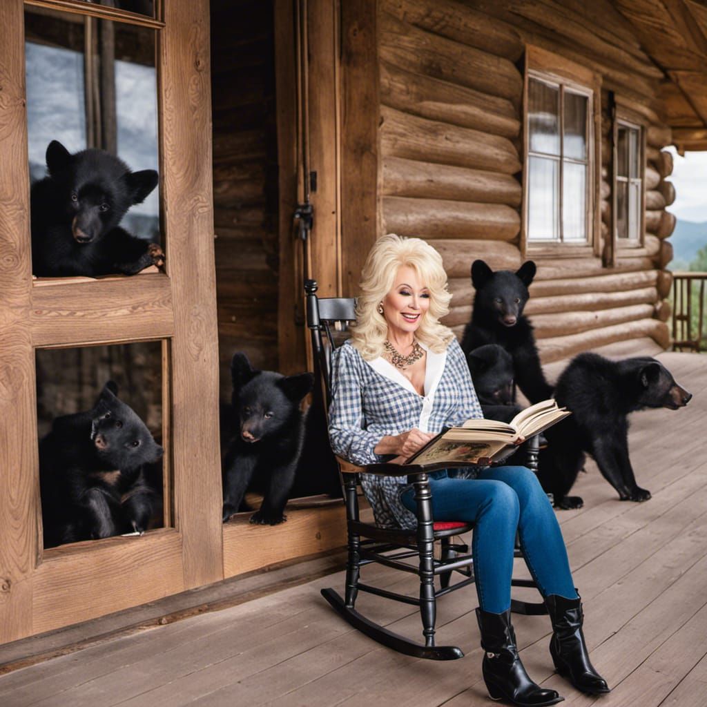 Dolly Parton Reading to Bear Cubs in Cabin
