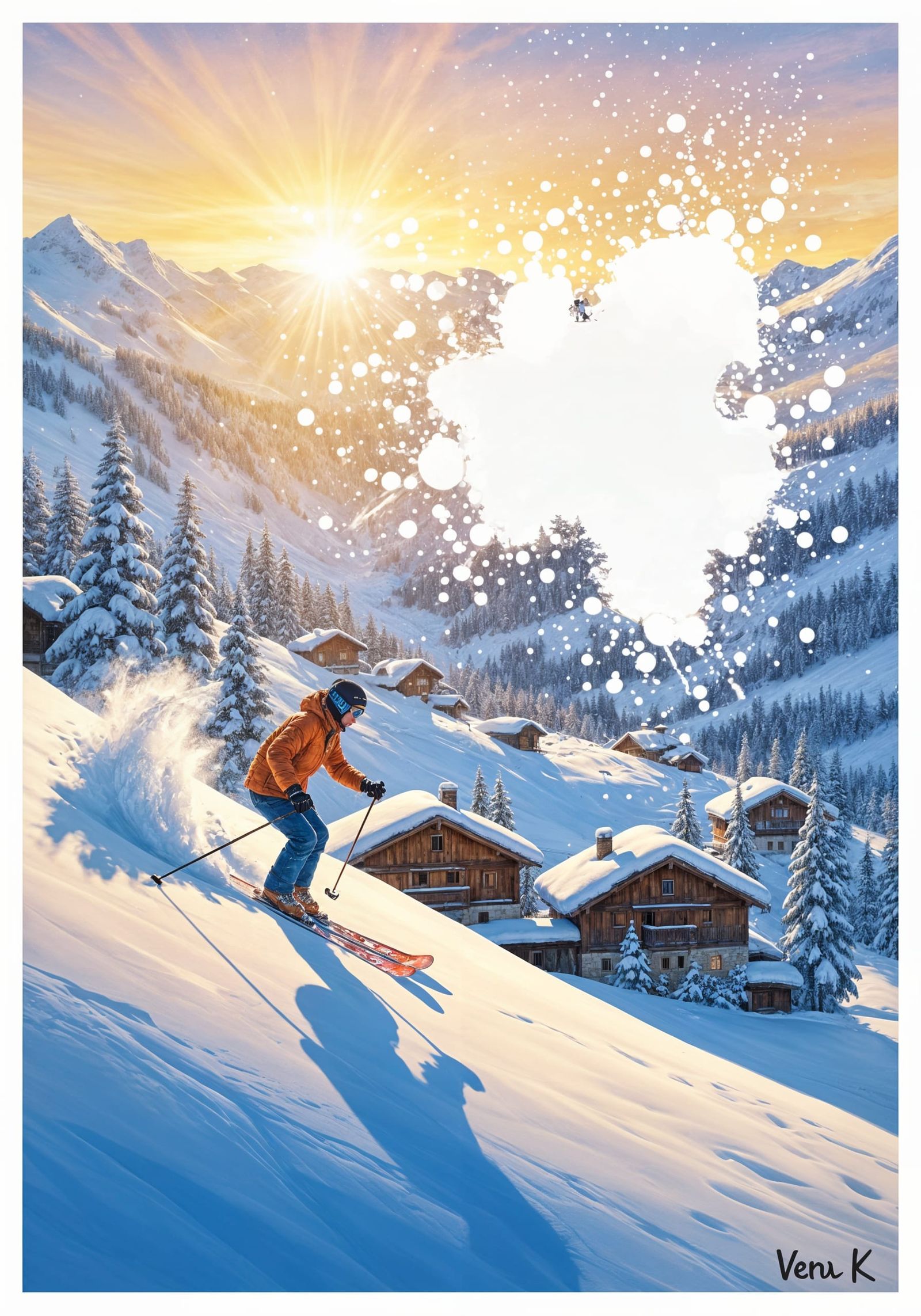 Ethereal Watercolour Alpine Village at Golden Hour