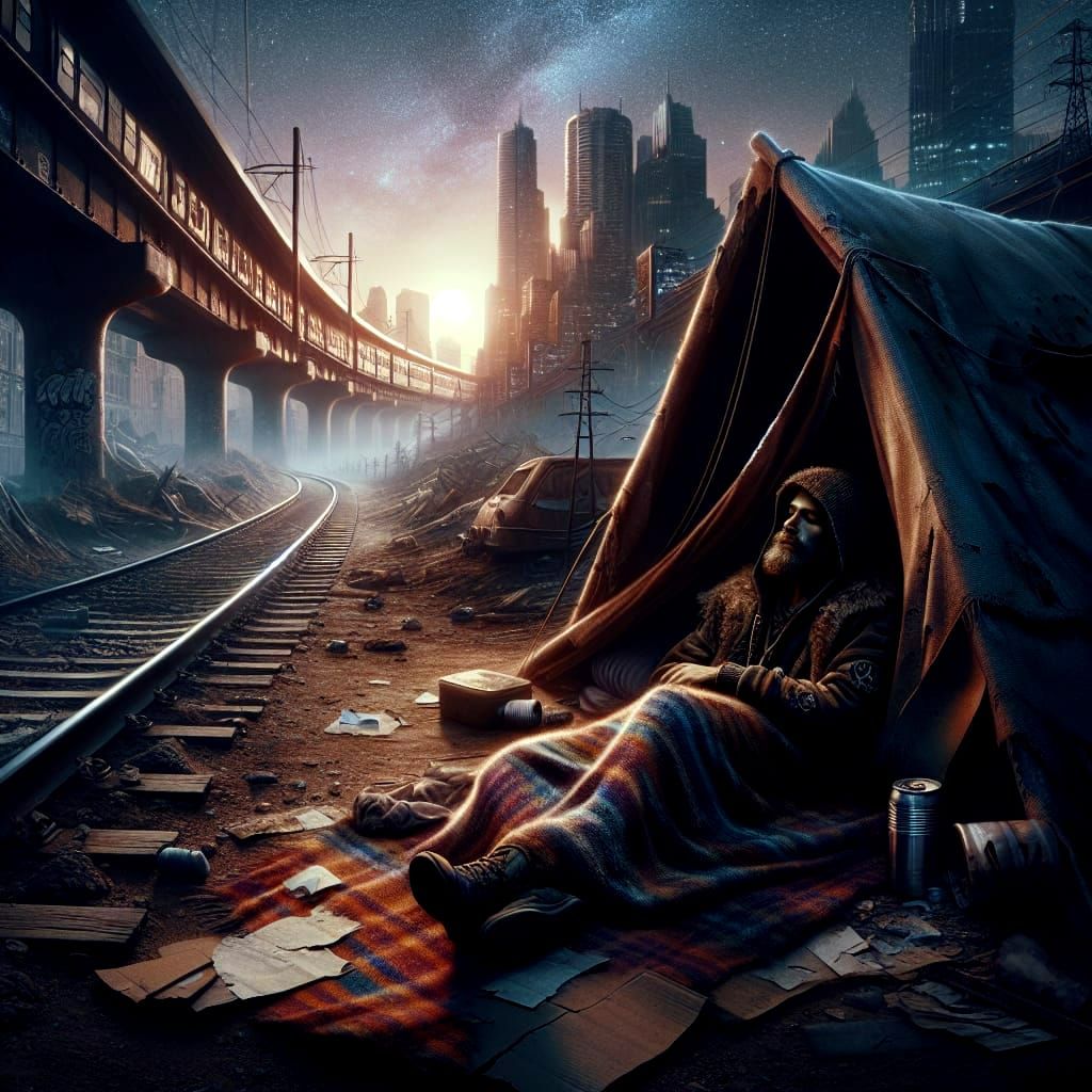 Photorealistic Homeless Man in Dystopian City at Night