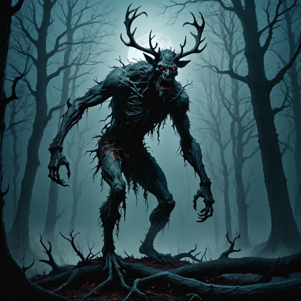Eerie Wendigo in Misty Forest, Dark Fantasy Illustration