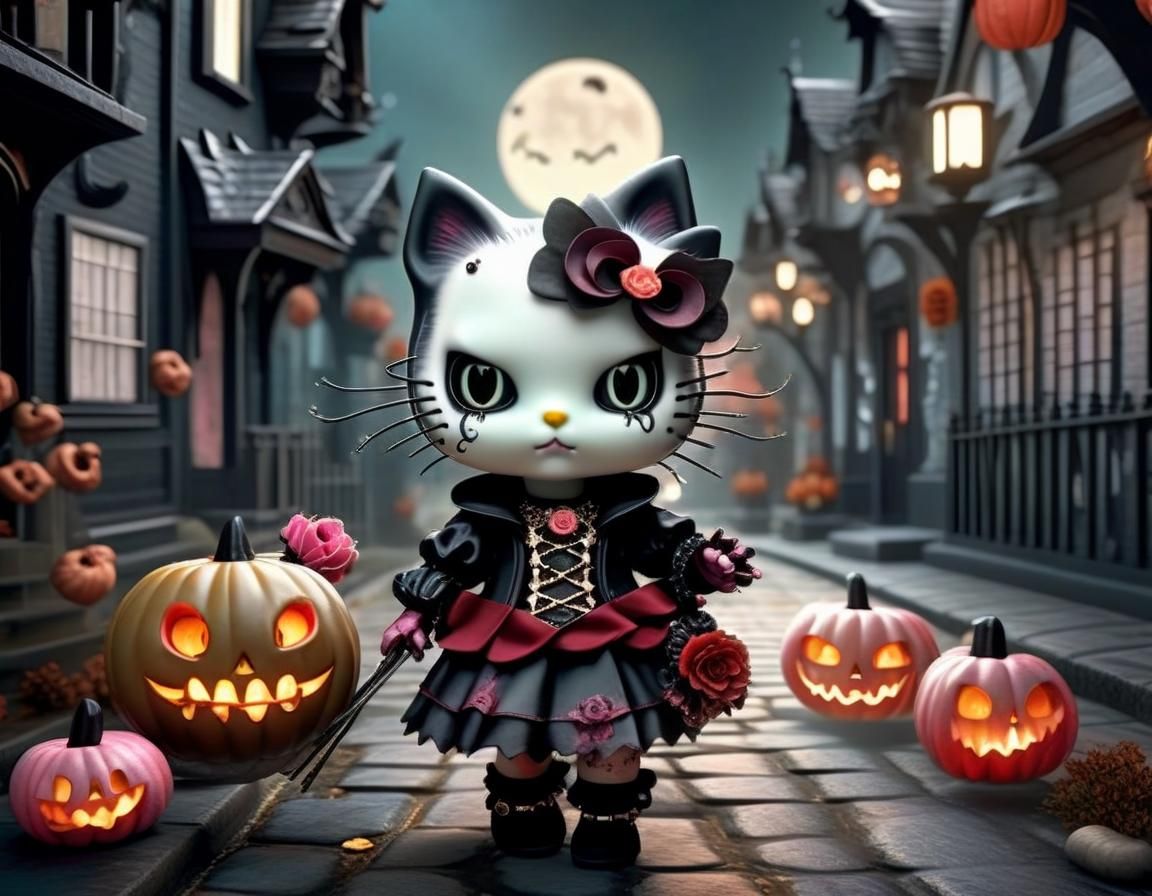 Gothic Punk Vampire Hello Kitty in Spooky Scene
