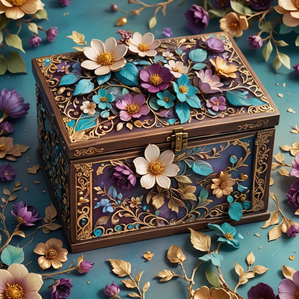 Ornate Wooden Box Adorned with Flowers in Fantasy Art