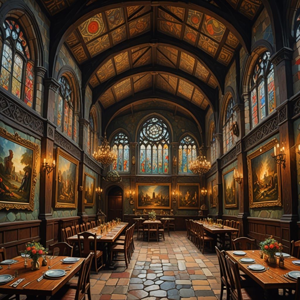 Medieval Dining Hall Top Down View in Gouache Style