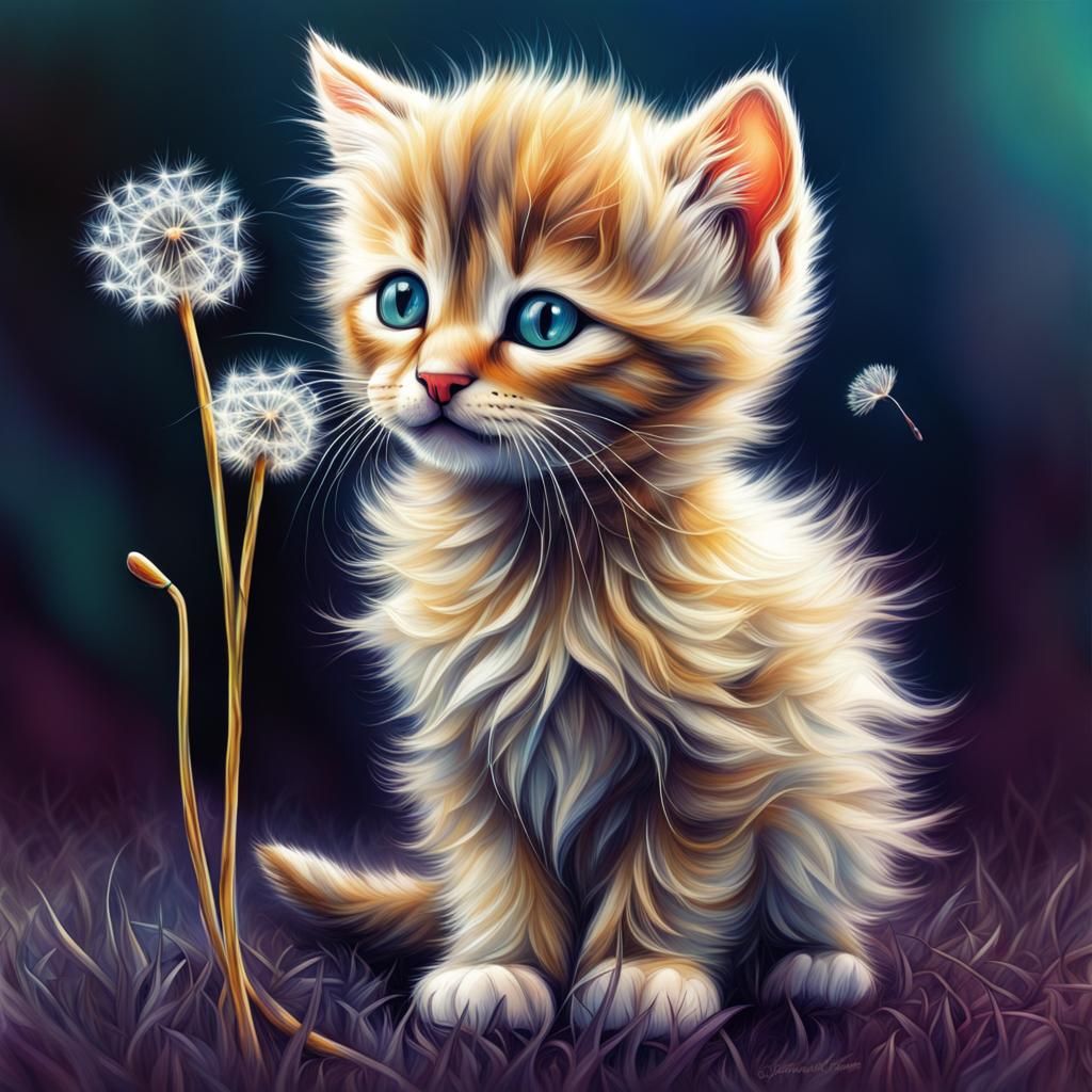 Fantastical Dandelion Seed Kitten in Pencil Art