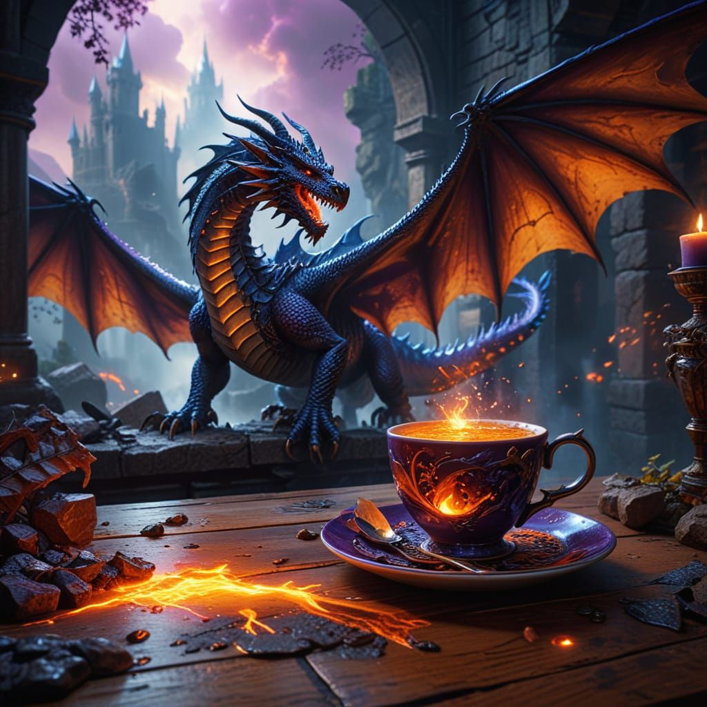 A cup of coffee in a dragons lair.